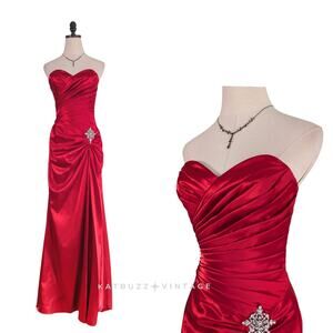 Vintage Prom Dress Maxi Gown S Red Y2K Strapless Pleated Glam Rhinestone Classic